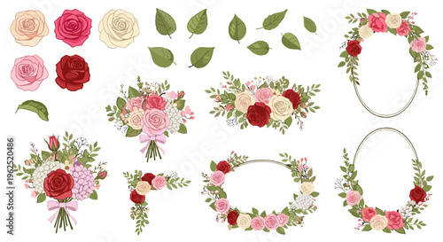 Elegant floral elements rose bouquets frames and individual blooms for design