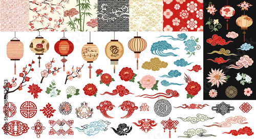 Traditional asian decorative elements lanterns flowers clouds and ornate patterns