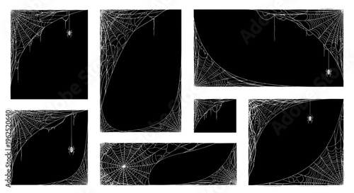 Halloween spooky web frames with tiny spiders for holiday design elements