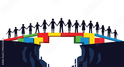 Silhouetted people holding hands form a line across a bridge made of colorful blocks spanning a dark blue chasm.