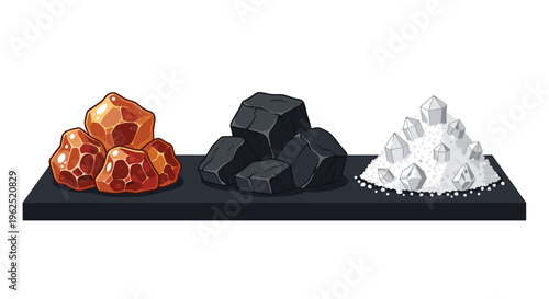 Three distinct pixelated piles of materials, including reddish-brown gems, dark grey coal, and white crystals, are displayed on a black shelf against a white background.