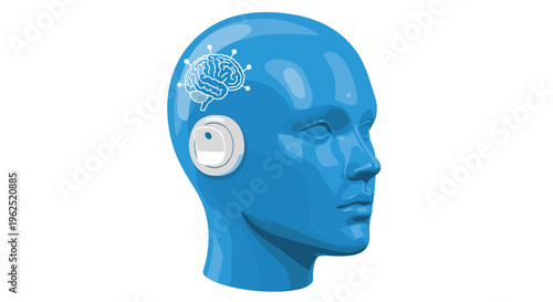 A smooth glossy blue human head with a white brain outline and a circular implant on the temple is depicted in a side profile on a white background.