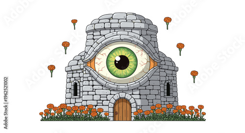 A whimsical stone building, designed as a tower with a large green eyeball, is surrounded by orange flowers on a white background.