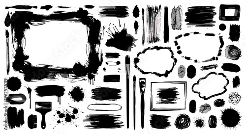 Collection of black ink brush strokes splatters frames and artistic elements