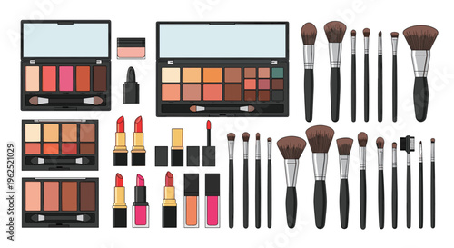 An extensive collection of various makeup palettes, lipsticks, and numerous brushes is meticulously arranged on a clean white surface.