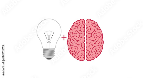 A clear glass lightbulb and a pink human brain are depicted side-by-side with a red plus sign between them on a white background.