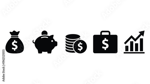 Finance icons. Business Icons, money signs. Money silhouette collection. Wallet with cards icon. Coins silhouette icon. Growth chart. Moneybag or stash. Piggy bank flat style - stock