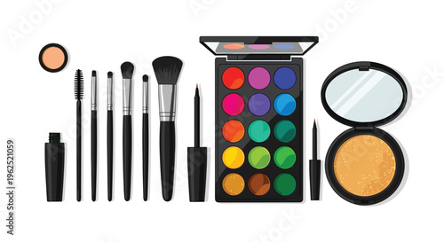 A comprehensive set of makeup products, including a colorful eyeshadow palette, brushes, and compacts, is neatly arranged on a white surface.