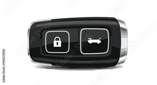 A modern black car key fob with two square buttons, displaying a locked padlock and a trunk icon, rests on a white surface.