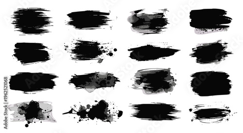 Collection of varied black ink brush stroke textures and splatters on white