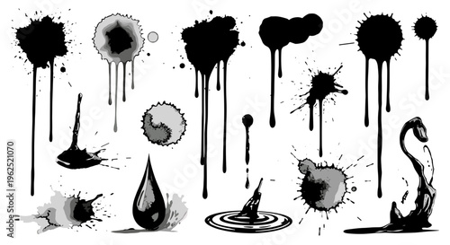 Collection of black ink splatters and drips isolated on white background vector art