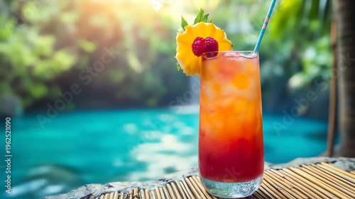 Vibrant cocktail with fruit garnish set against natural background