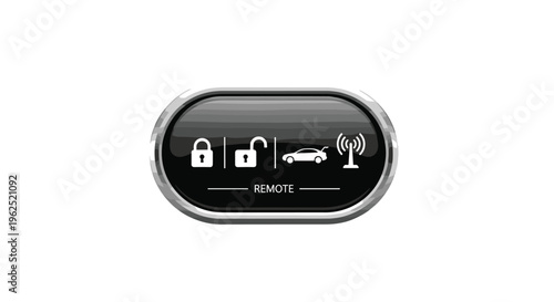 A shiny black oval car remote button featuring four white icons and the word REMOTE is displayed on a white surface.