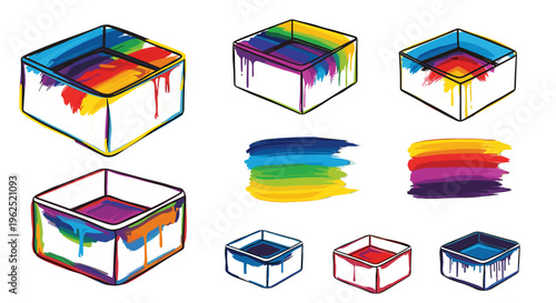 Colorful paint dripping from open cubes with brush strokes creative elements