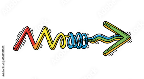 Colorful abstract arrow graphic with zigzag and spring elements symbolizing
