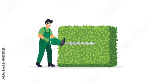 A gardener in green overalls and safety glasses meticulously trims a rectangular green hedge with a hedge trimmer against a white background.