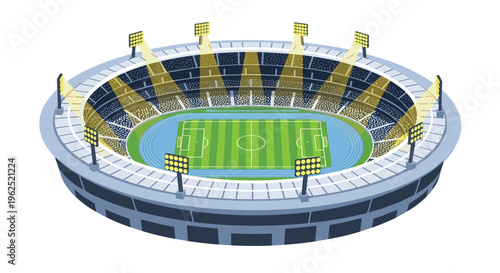 An isometric view of an oval sports stadium features a football field and running track, brightly lit by numerous tall spotlights.