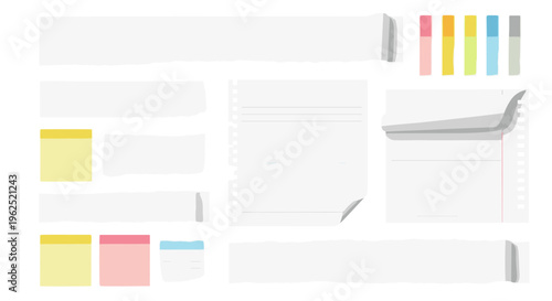 Flat lay of assorted stationery items like sticky notes paper sheets and markers