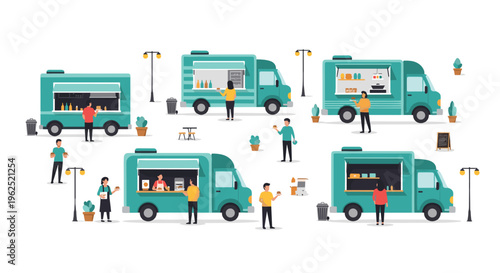 Six teal food trucks are shown from different angles, with vendors serving customers and people eating in an outdoor, minimalist setting.