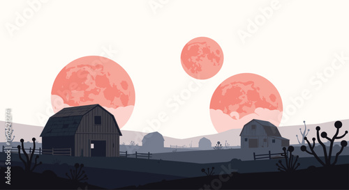 Two rustic barns in silhouette stand in a muted pixel art landscape under a pale sky with three large peachy-red moons.