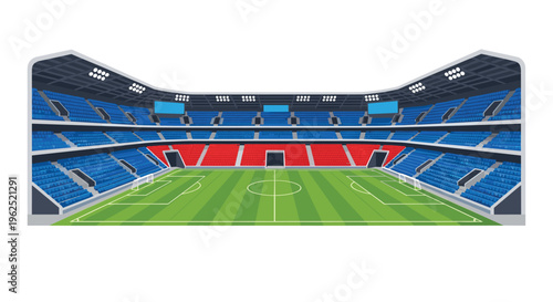 An empty, modern football stadium with blue and red seating tiers surrounds a vibrant green playing field under bright lights.