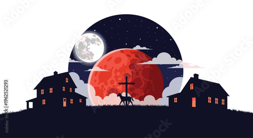 Two dark silhouette houses on a grassy hill frame a colossal blood-red moon and a smaller white moon in a starry pixel art night sky.