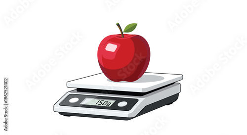 A glossy red apple with a green leaf and stem rests on a digital kitchen scale displaying 150g on a white background.