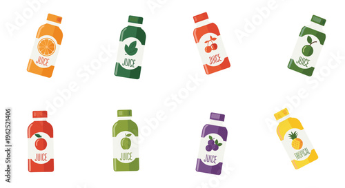 Eight colorful juice bottles with different fruit labels are arranged in two rows on a plain white background.