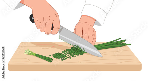 A chef's hands chop green chives with a silver knife on a wooden cutting board against a white background.
