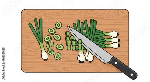 A silver chef's knife rests on a wooden cutting board with whole and chopped green onions against a white background.