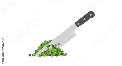 A silver chef's knife with a black handle is plunged into a pile of chopped green herbs against a white background.