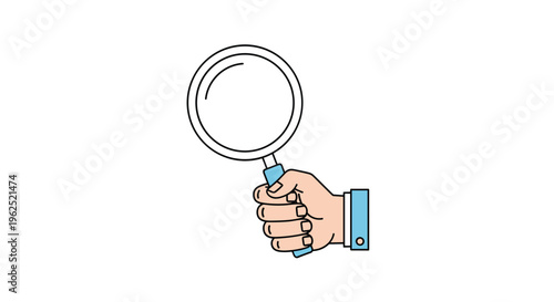 A light-skinned hand with a blue cuff holds a magnifying glass with a black outline and clear glass against a white background.