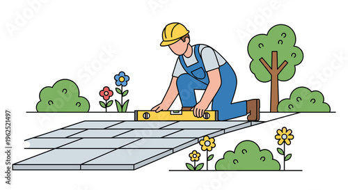 A construction worker wearing a yellow hard hat and blue overalls kneels to level grey paving stones in a garden.