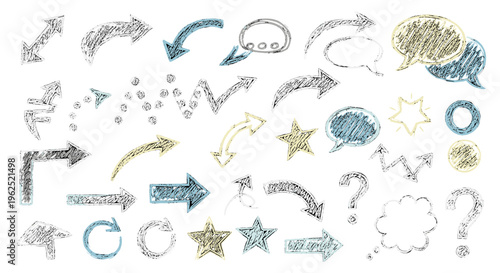 Hand drawn arrows speech bubbles stars and question marks in a sketchy doodle style