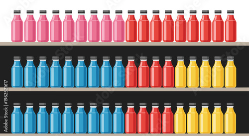 Three dark grey shelves are uniformly lined with numerous identical plastic bottles, each filled with brightly colored liquids.