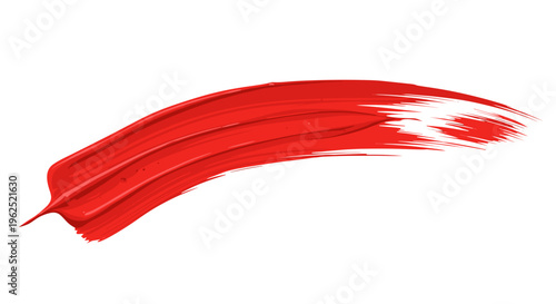 Vibrant red paint brush stroke with thick texture and white highlights isolated