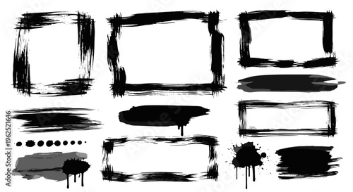 Collection of black ink brush stroke frames and splatters for creative design