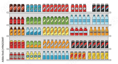 Four long, grey shelves are fully stocked with a diverse array of beverages in colorful cans and clear plastic bottles.