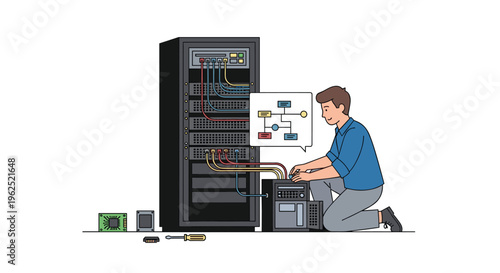 A man in a blue shirt kneels on the floor, configuring a server unit next to a tall server rack with a network diagram above his head.