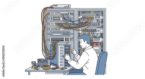 A man in a white lab coat sits on a chair, working on an open server rack with numerous colorful cables and equipment.
