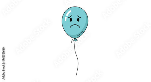 A single light blue balloon with a sad face floats gently, tethered by a thin, wavy string against a white background.