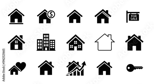 Collection of black house icons and symbols representing real estate and property