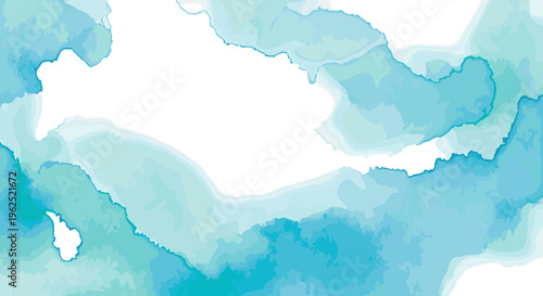 Abstract watercolor splashes in cool blue and turquoise tones on a white