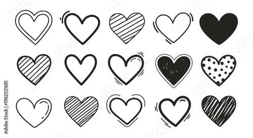Collection of hand drawn hearts in various styles and patterns on white background