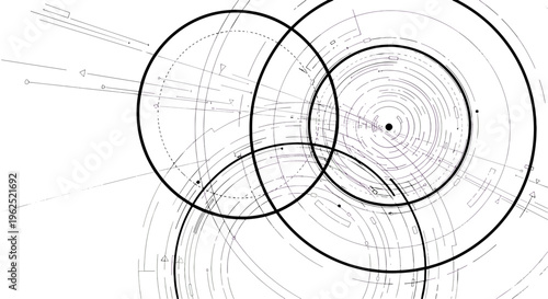 Abstract concentric circles and lines forming a complex scientific diagram