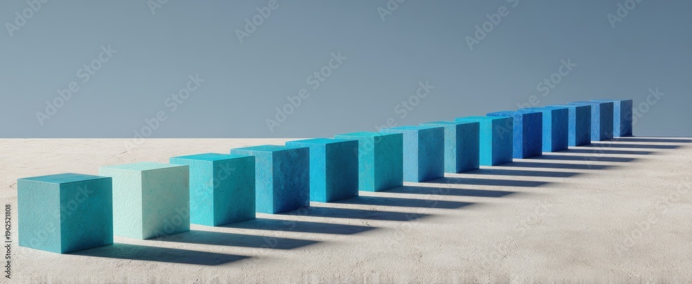 Obraz premium Minimal abstract row of blue textured cubes casting long shadows across a concrete surface for modern background banner design and presentation header