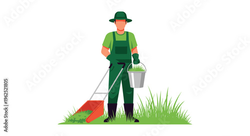A male gardener in green overalls and a hat stands holding a push lawnmower and a bucket of cut grass on a patch of green grass.