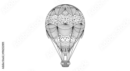Intricate black and white hot air balloon with symmetrical patterns
