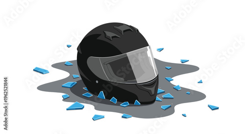 A black motorcycle helmet with a clear visor lies on a gray puddle surrounded by blue shattered glass.