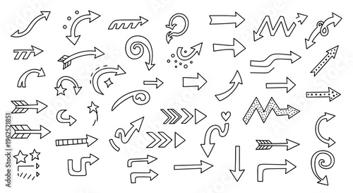 Diverse hand drawn arrow collection doodle style symbols for direction